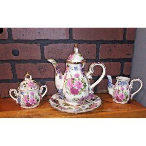 VTG Chintz Teapot set 6 pcs Ornamental collectibles purple pink roses pansies EC